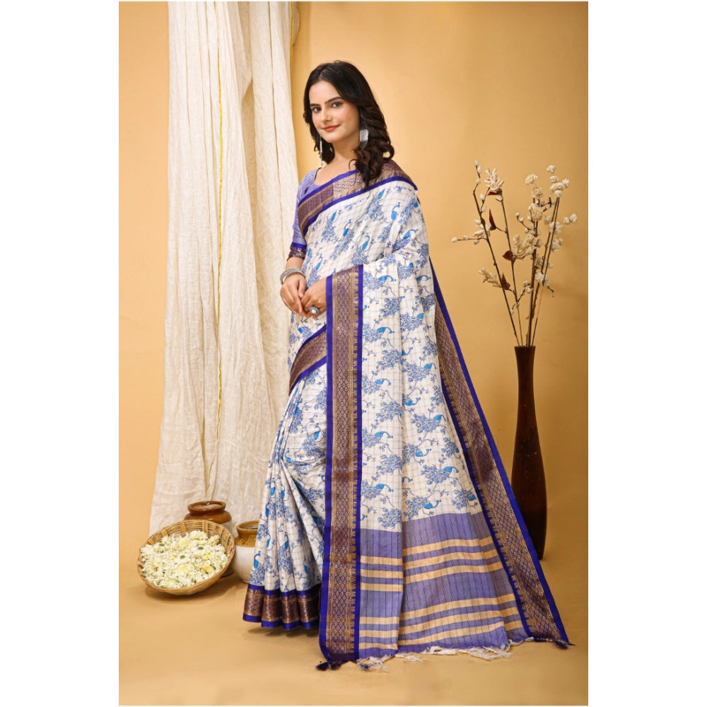 Snuggle Spot Women's Soft Cotton Silk Printed Saree With Unstitched Blouse 5.5Mtr (Purple)