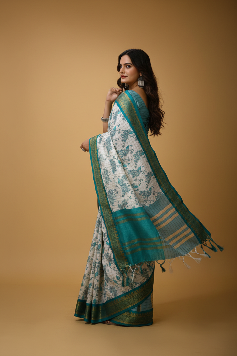 Snuggle Spot Women's Soft Cotton Silk Printed Saree With Unstitched Blouse 5.5Mtr (Turquoise)
