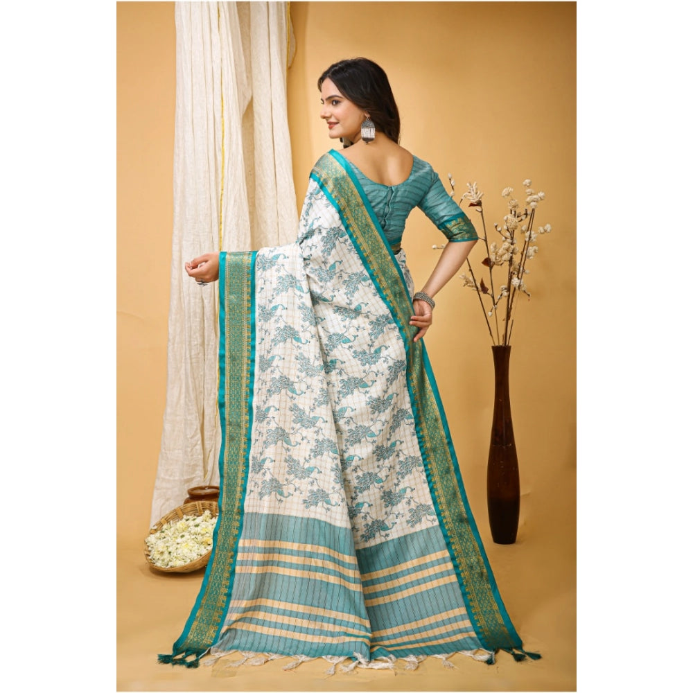 Snuggle Spot Women's Soft Cotton Silk Printed Saree With Unstitched Blouse 5.5Mtr (Turquoise)