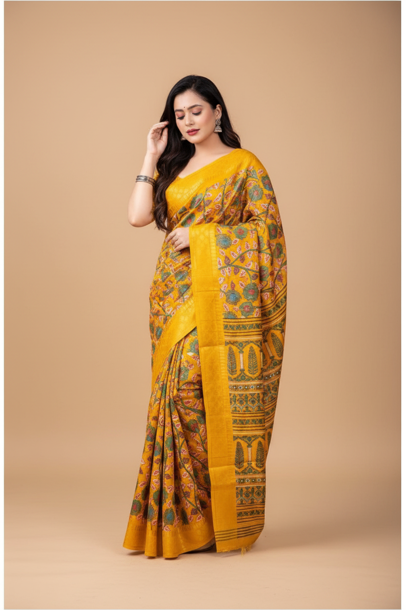Snuggle Spot Women's Soft Dola Cotton Kalamkari Printed Saree With Unstitched Blouse 5.5Mtr (Yellow)