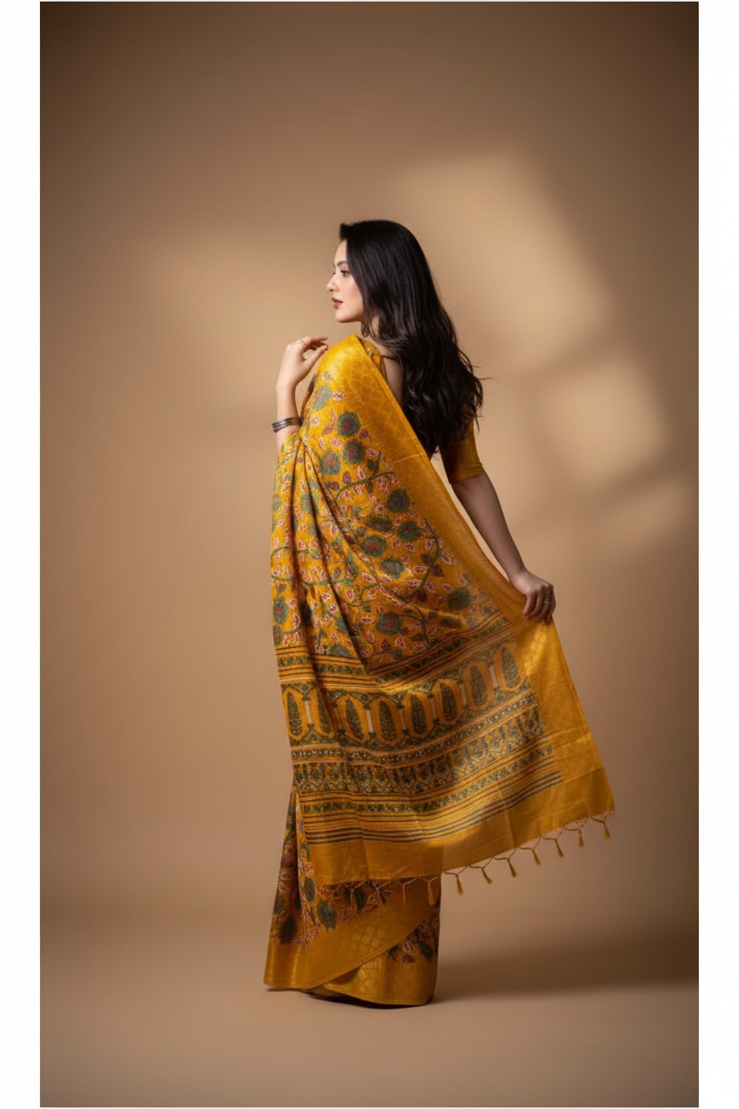 Snuggle Spot Women's Soft Dola Cotton Kalamkari Printed Saree With Unstitched Blouse 5.5Mtr (Yellow)