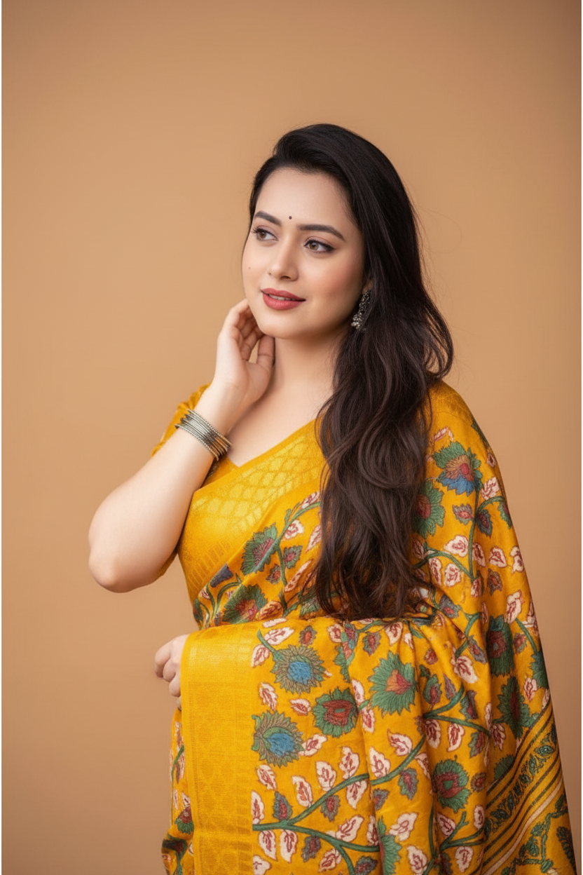 Snuggle Spot Women's Soft Dola Cotton Kalamkari Printed Saree With Unstitched Blouse 5.5Mtr (Yellow)