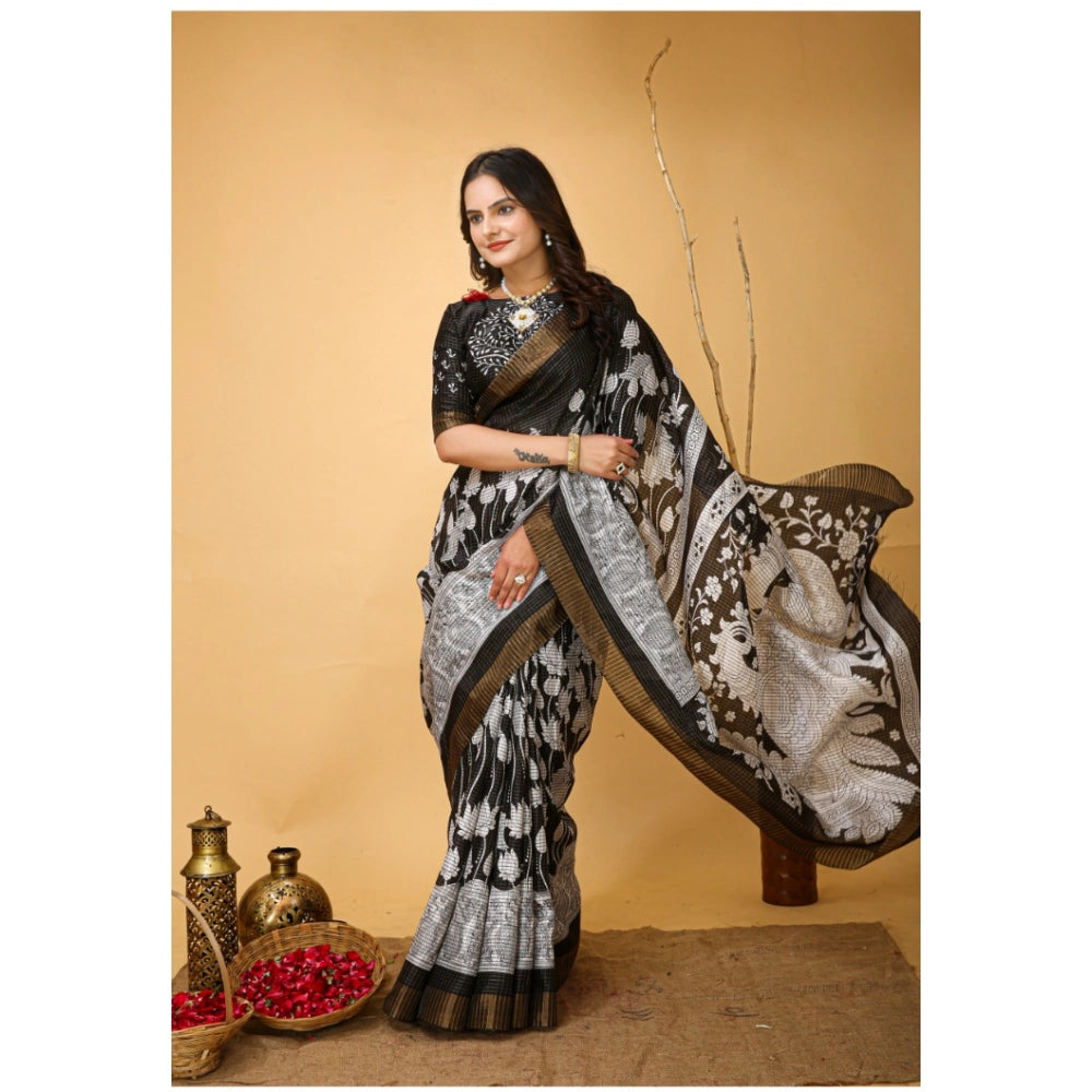 Snuggle Spot Women's Soft Handloom Cotton Kalamkari Printed Saree With Unstitched Blouse 5.5Mtr (Black)