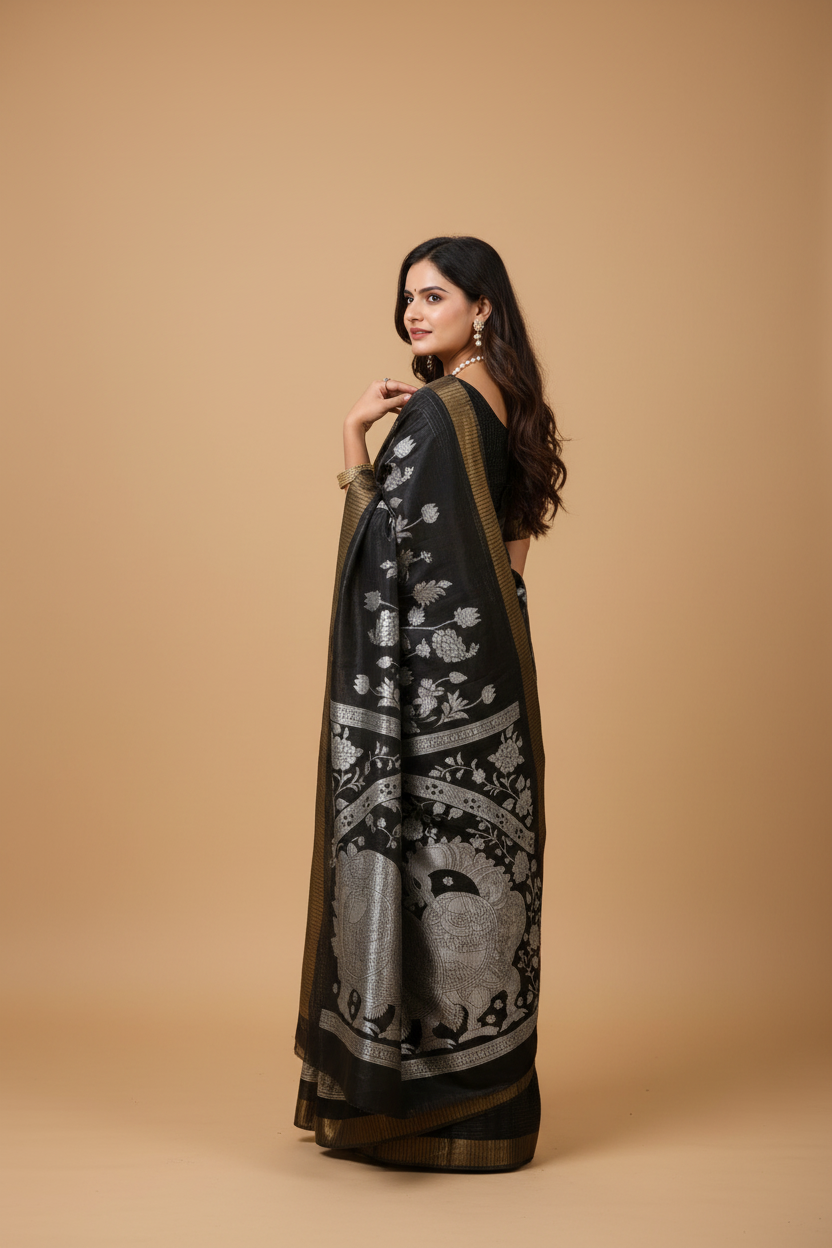 Snuggle Spot Women's Soft Handloom Cotton Kalamkari Printed Saree With Unstitched Blouse 5.5Mtr (Black)