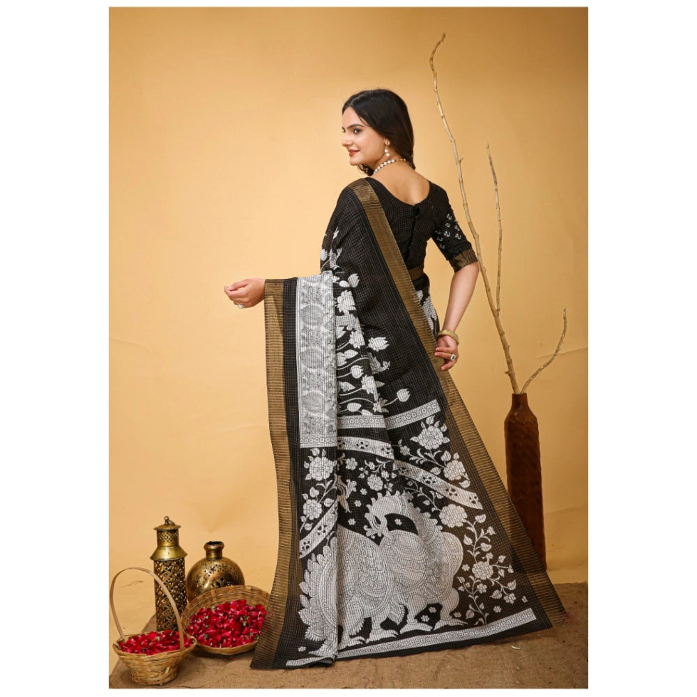 Snuggle Spot Women's Soft Handloom Cotton Kalamkari Printed Saree With Unstitched Blouse 5.5Mtr (Black)