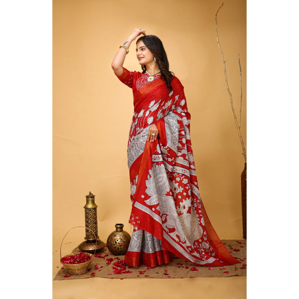 Snuggle Spot Women's Soft Handloom Cotton Kalamkari Printed Saree With Unstitched Blouse 5.5Mtr (Red)