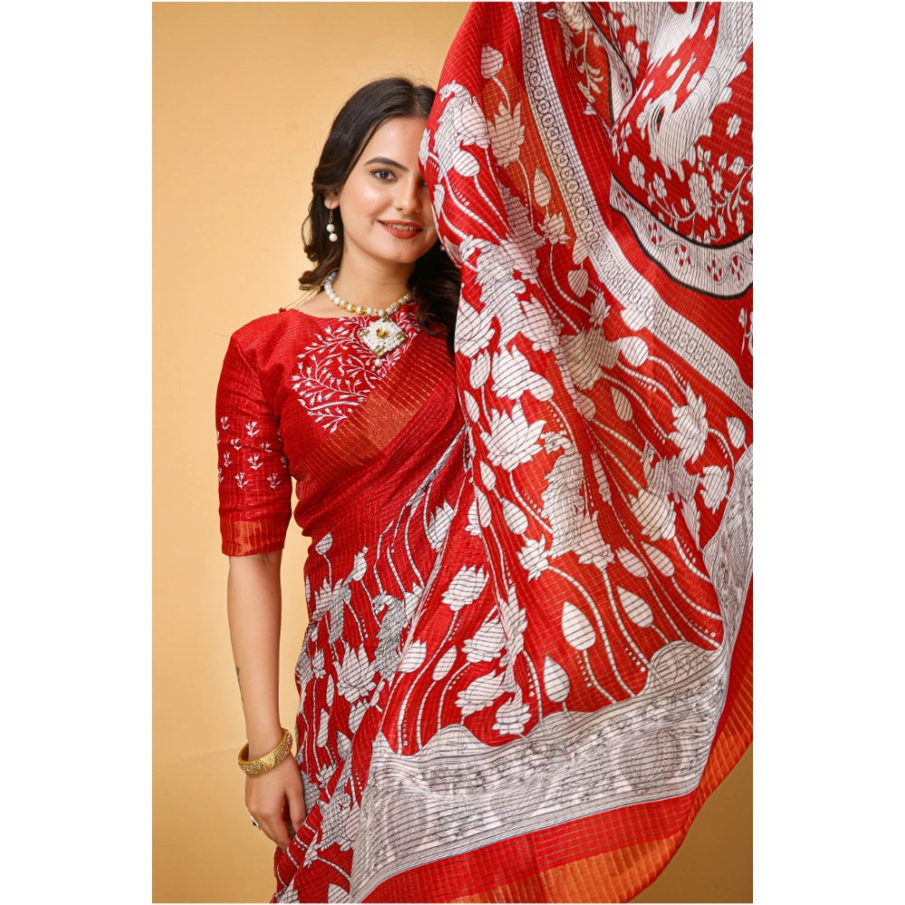 Snuggle Spot Women's Soft Handloom Cotton Kalamkari Printed Saree With Unstitched Blouse 5.5Mtr (Red)