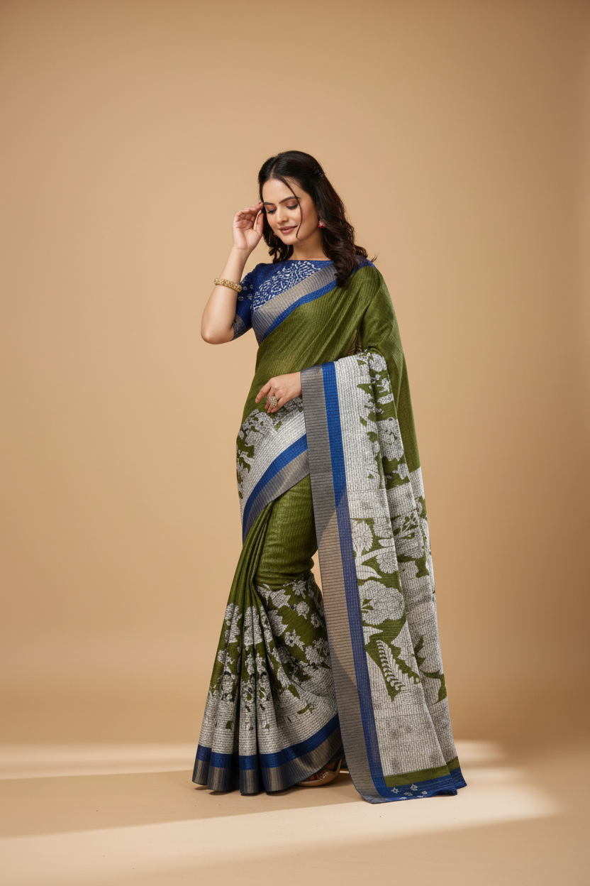 Snuggle Spot Women's Soft Handloom Cotton Kalamkari Printed Saree With Unstitched Blouse 5.5Mtr (Mehendi)