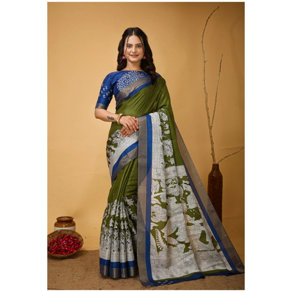 Snuggle Spot Women's Soft Handloom Cotton Kalamkari Printed Saree With Unstitched Blouse 5.5Mtr (Mehendi)