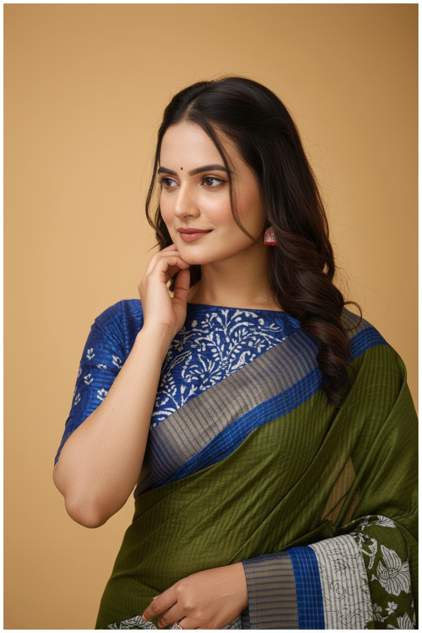 Snuggle Spot Women's Soft Handloom Cotton Kalamkari Printed Saree With Unstitched Blouse 5.5Mtr (Mehendi)