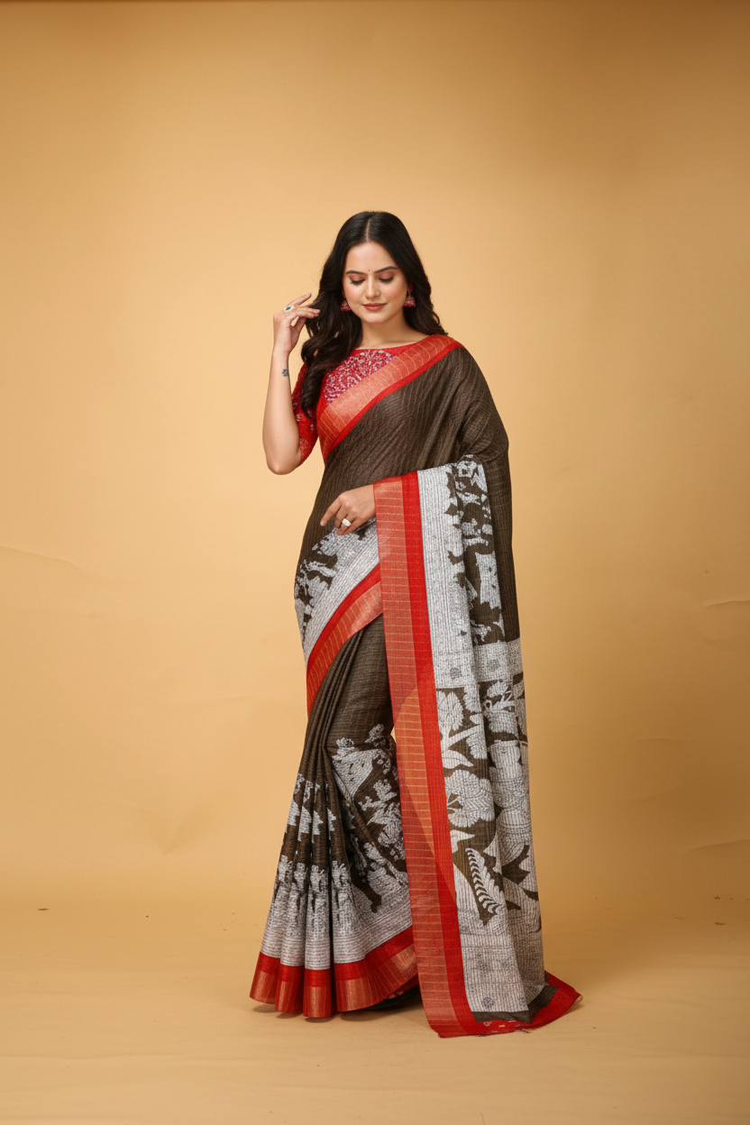 Snuggle Spot Women's Soft Handloom Cotton Kalamkari Printed Saree With Unstitched Blouse 5.5Mtr (Brown)