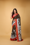 Snuggle Spot Women's Soft Handloom Cotton Kalamkari Printed Saree With Unstitched Blouse 5.5Mtr (Brown)