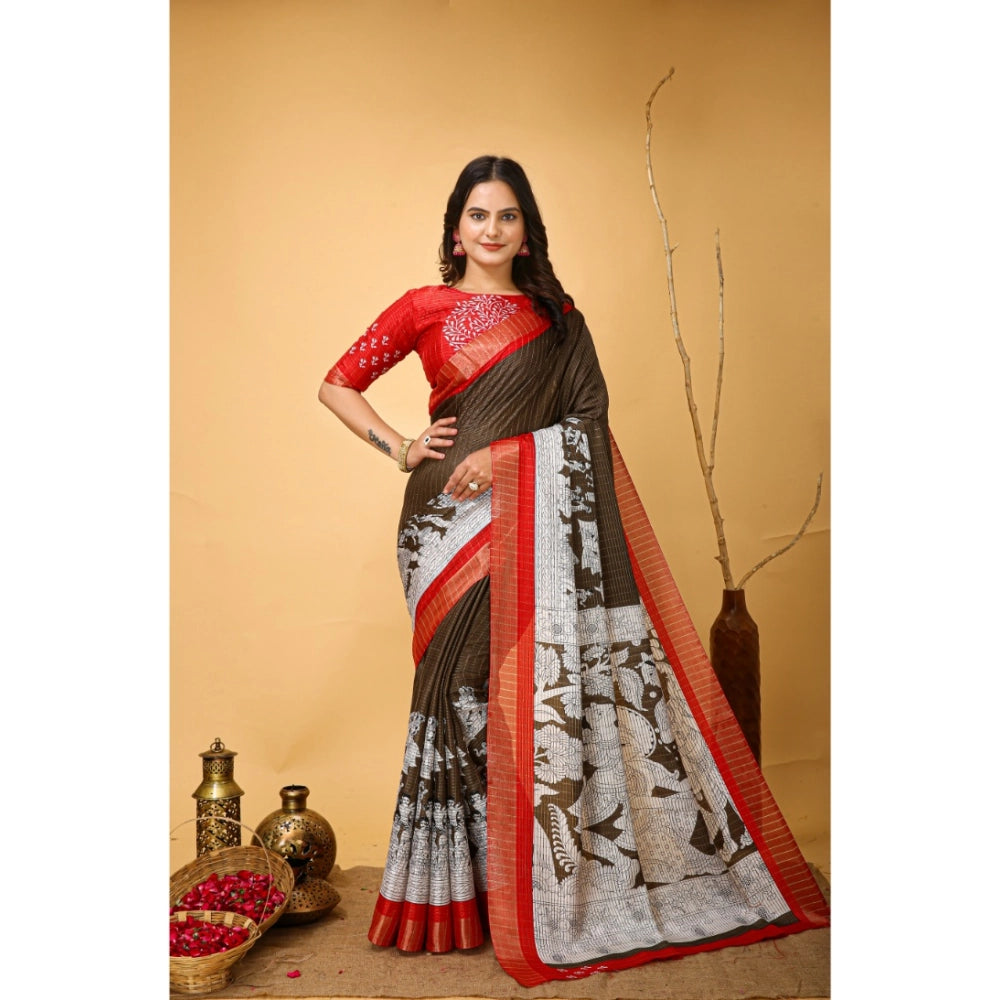 Snuggle Spot Women's Soft Handloom Cotton Kalamkari Printed Saree With Unstitched Blouse 5.5Mtr (Brown)