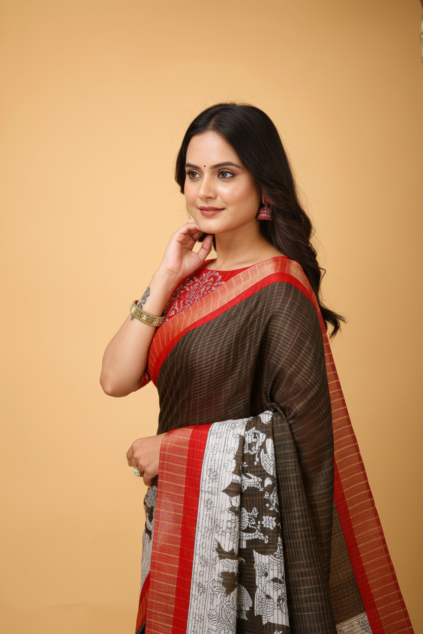 Snuggle Spot Women's Soft Handloom Cotton Kalamkari Printed Saree With Unstitched Blouse 5.5Mtr (Brown)
