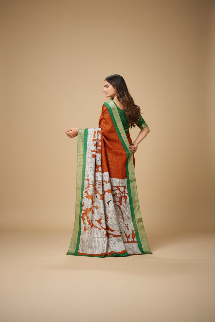 Snuggle Spot Women's Soft Handloom Cotton Kalamkari Printed Saree With Unstitched Blouse 5.5Mtr (Orange)