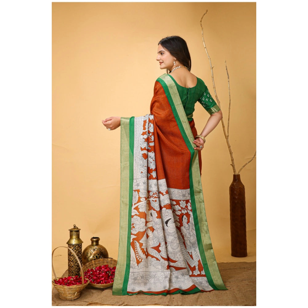 Snuggle Spot Women's Soft Handloom Cotton Kalamkari Printed Saree With Unstitched Blouse 5.5Mtr (Orange)
