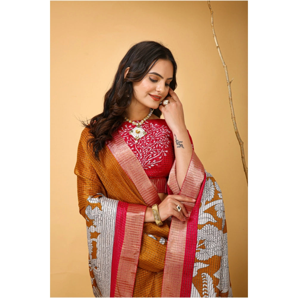 Snuggle Spot Women's Soft Handloom Cotton Kalamkari Printed Saree With Unstitched Blouse 5.5Mtr (Mustard)