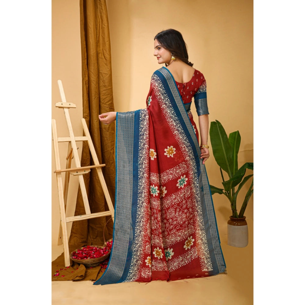 Snuggle Spot Women's Soft Blooming Marshmallow Fabric Kalamkari Printed Saree With Unstitched Blouse 5.5Mtr (Red)