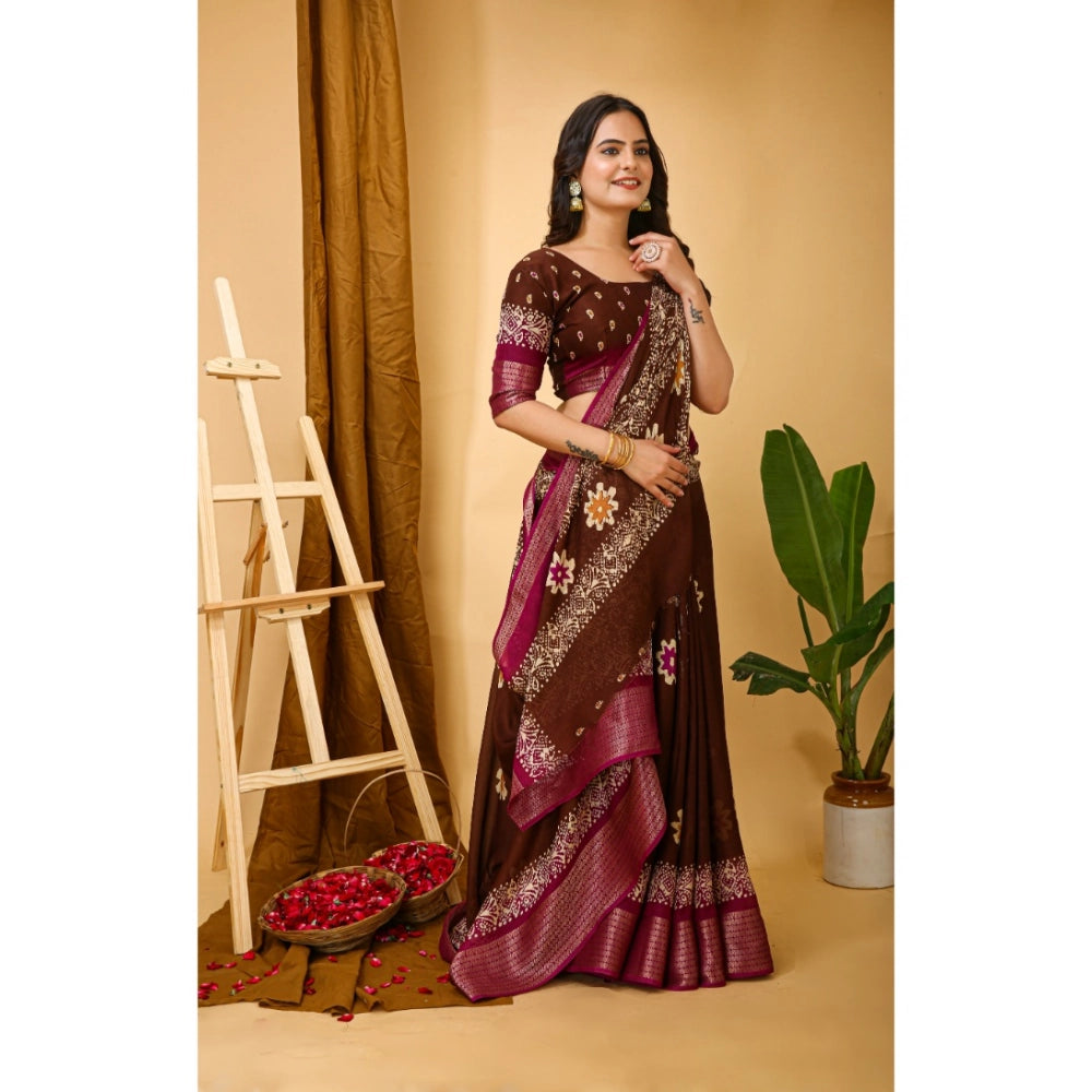 Snuggle Spot Women's Soft Blooming Marshmallow Fabric Kalamkari Printed Saree With Unstitched Blouse 5.5Mtr (Maroon)