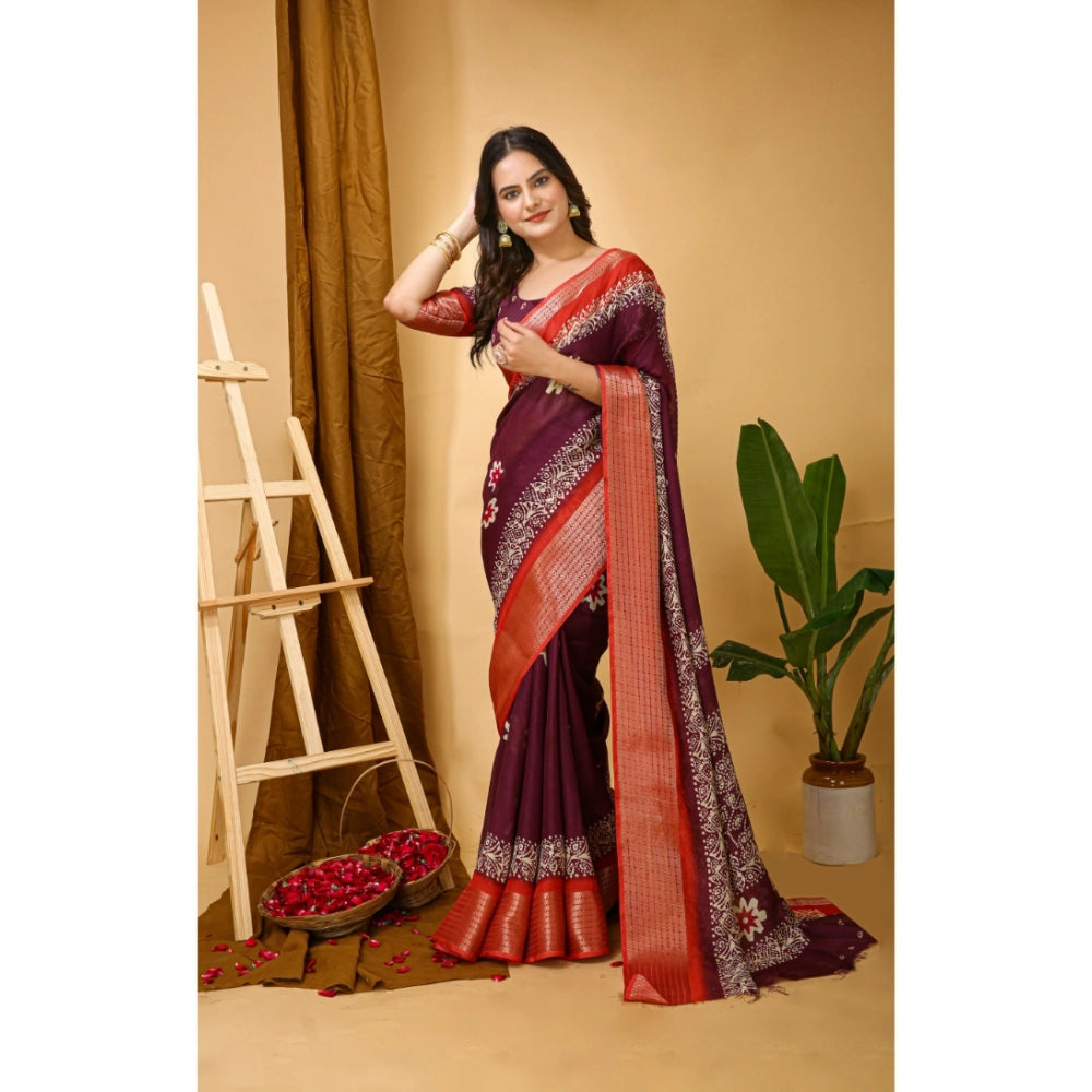 Snuggle Spot Women's Soft Blooming Marshmallow Fabric Kalamkari Printed Saree With Unstitched Blouse 5.5Mtr (Wine)