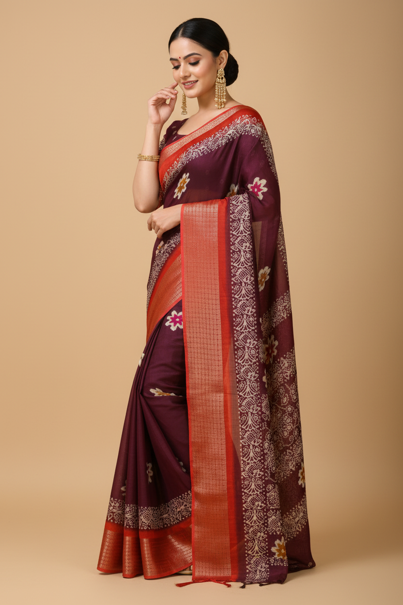 Snuggle Spot Women's Soft Blooming Marshmallow Fabric Kalamkari Printed Saree With Unstitched Blouse 5.5Mtr (Wine)