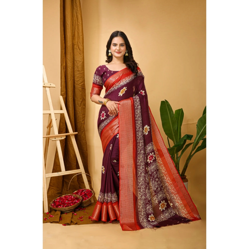 Snuggle Spot Women's Soft Blooming Marshmallow Fabric Kalamkari Printed Saree With Unstitched Blouse 5.5Mtr (Wine)