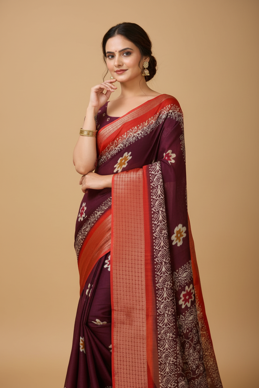 Snuggle Spot Women's Soft Blooming Marshmallow Fabric Kalamkari Printed Saree With Unstitched Blouse 5.5Mtr (Wine)