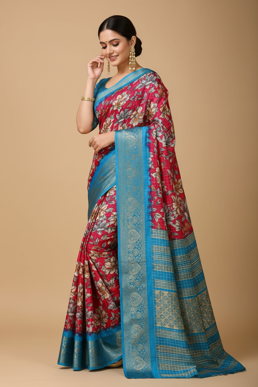 Snuggle Spot Women's Soft Dola Cotton Kalamkari Printed Saree With Unstitched Blouse 5.5Mtr (Pink)