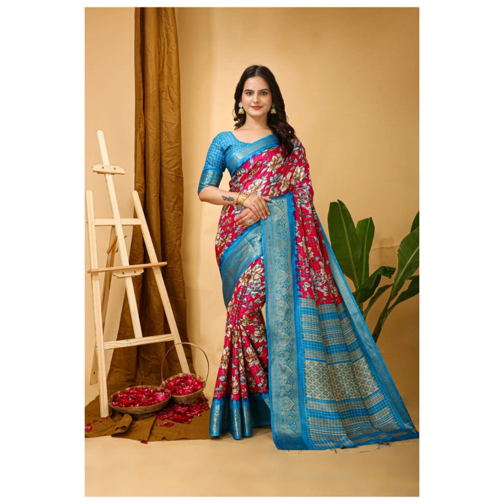 Snuggle Spot Women's Soft Dola Cotton Kalamkari Printed Saree With Unstitched Blouse 5.5Mtr (Pink)