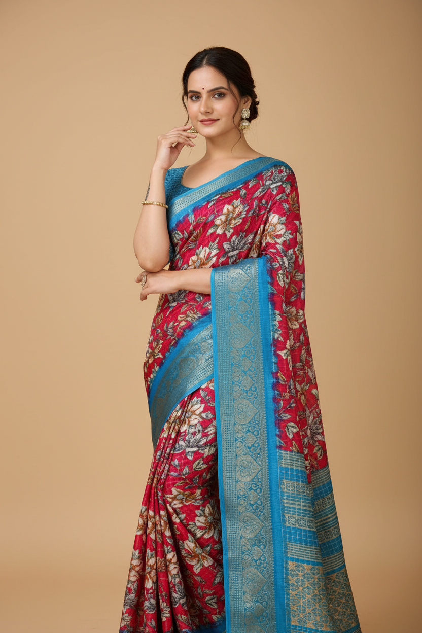 Snuggle Spot Women's Soft Dola Cotton Kalamkari Printed Saree With Unstitched Blouse 5.5Mtr (Pink)