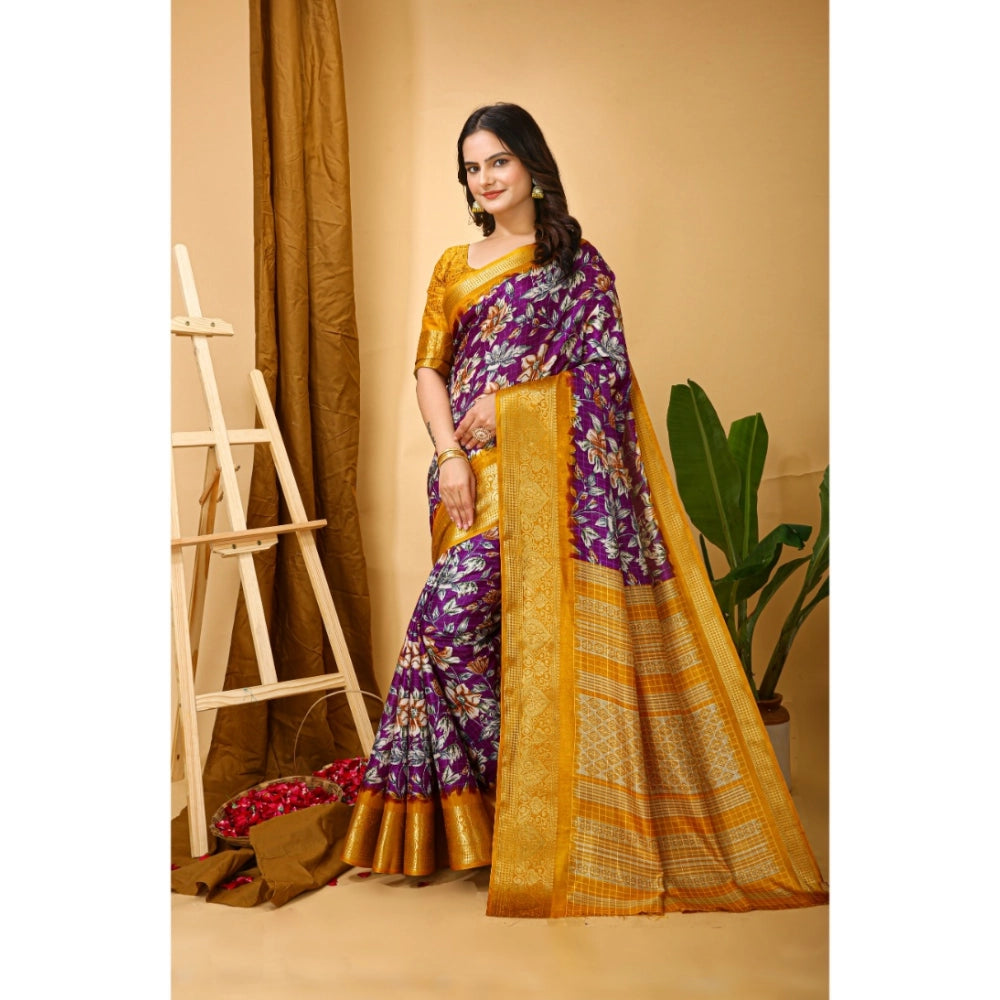 Snuggle Spot Women's Soft Dola Cotton Kalamkari Printed Saree With Unstitched Blouse 5.5Mtr (Purple)