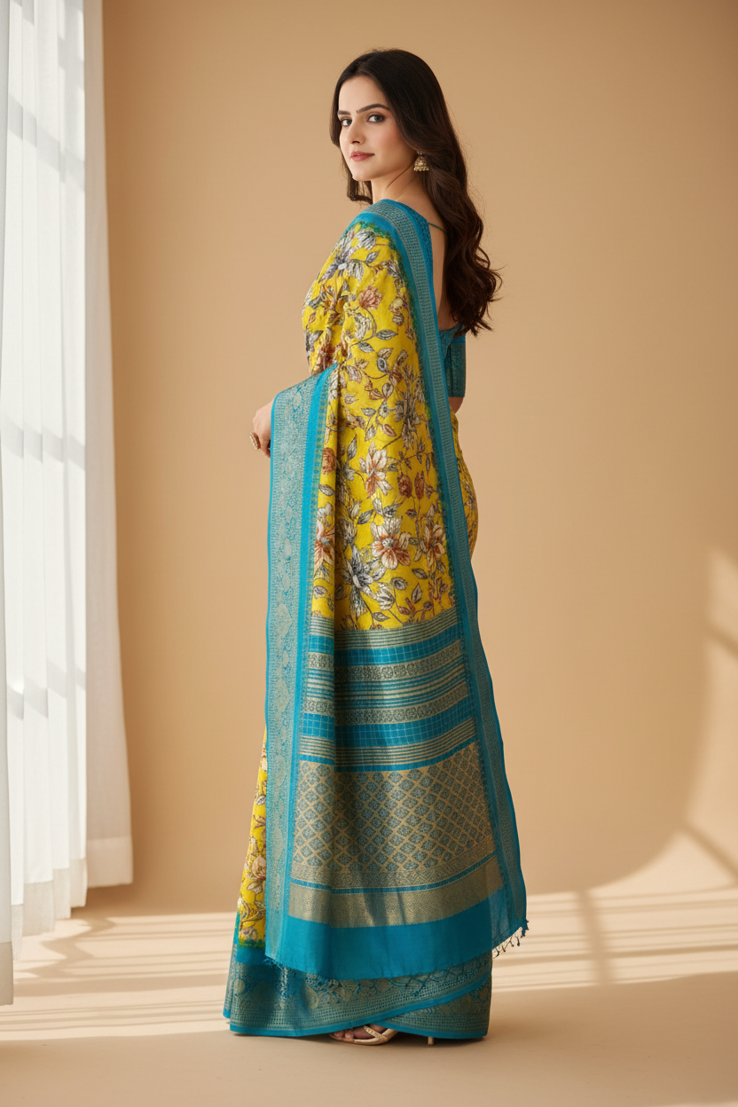 Snuggle Spot Women's Soft Dola Cotton Kalamkari Printed Saree With Unstitched Blouse 5.5Mtr (Yellow)