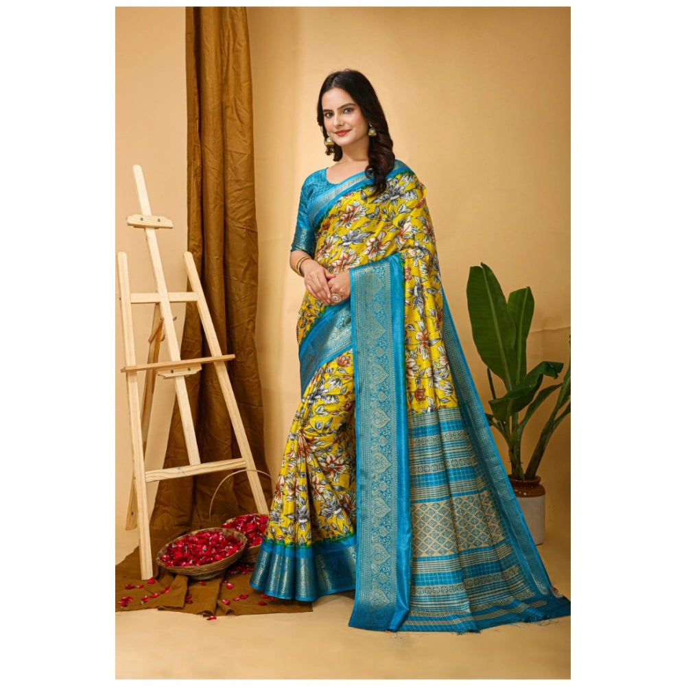 Snuggle Spot Women's Soft Dola Cotton Kalamkari Printed Saree With Unstitched Blouse 5.5Mtr (Yellow)