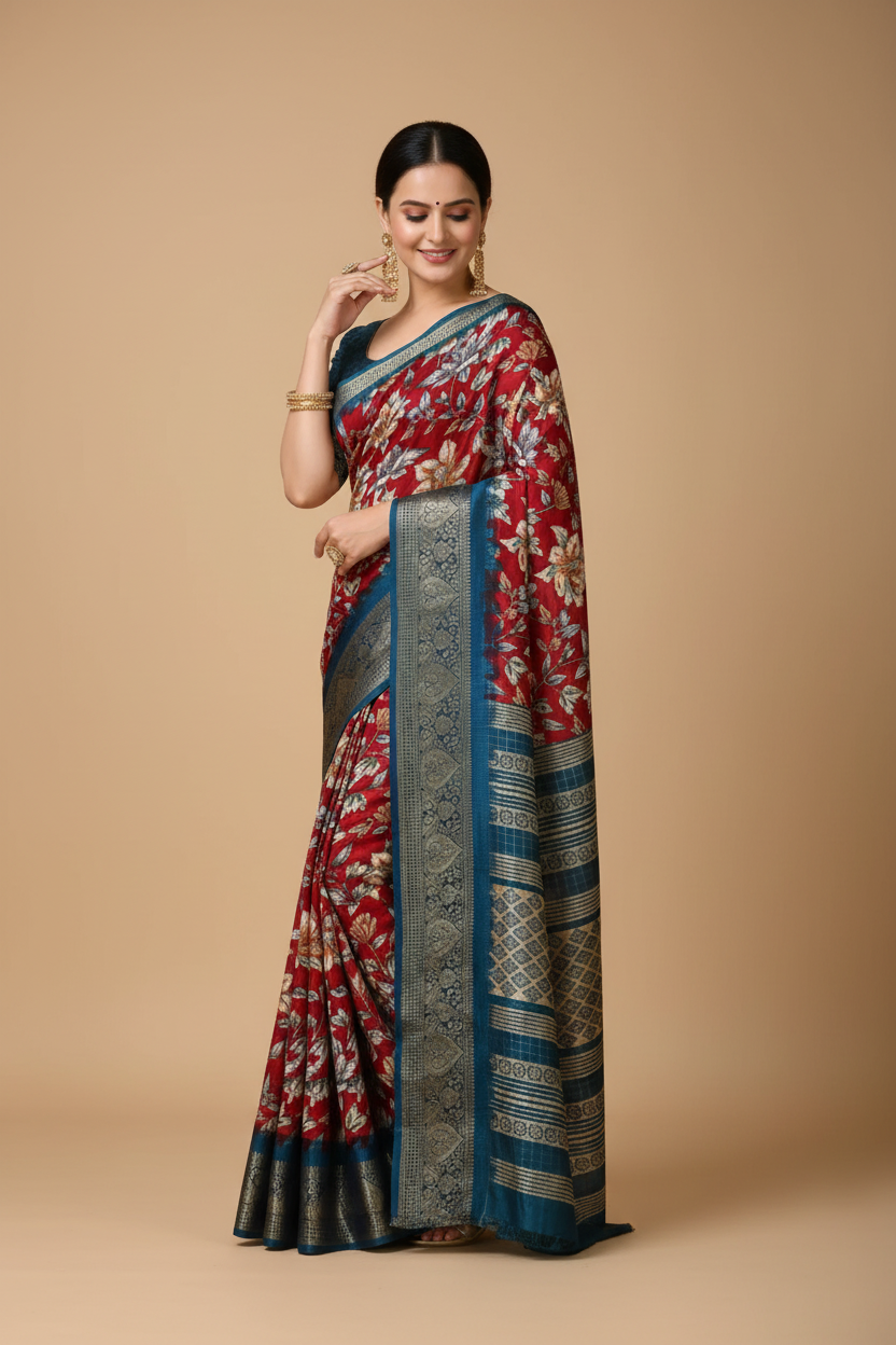 Snuggle Spot Women's Soft Dola Cotton Kalamkari Printed Saree With Unstitched Blouse 5.5Mtr (Red)