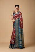Snuggle Spot Women's Soft Dola Cotton Kalamkari Printed Saree With Unstitched Blouse 5.5Mtr (Red)