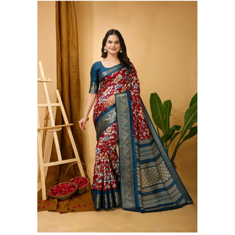 Snuggle Spot Women's Soft Dola Cotton Kalamkari Printed Saree With Unstitched Blouse 5.5Mtr (Red)