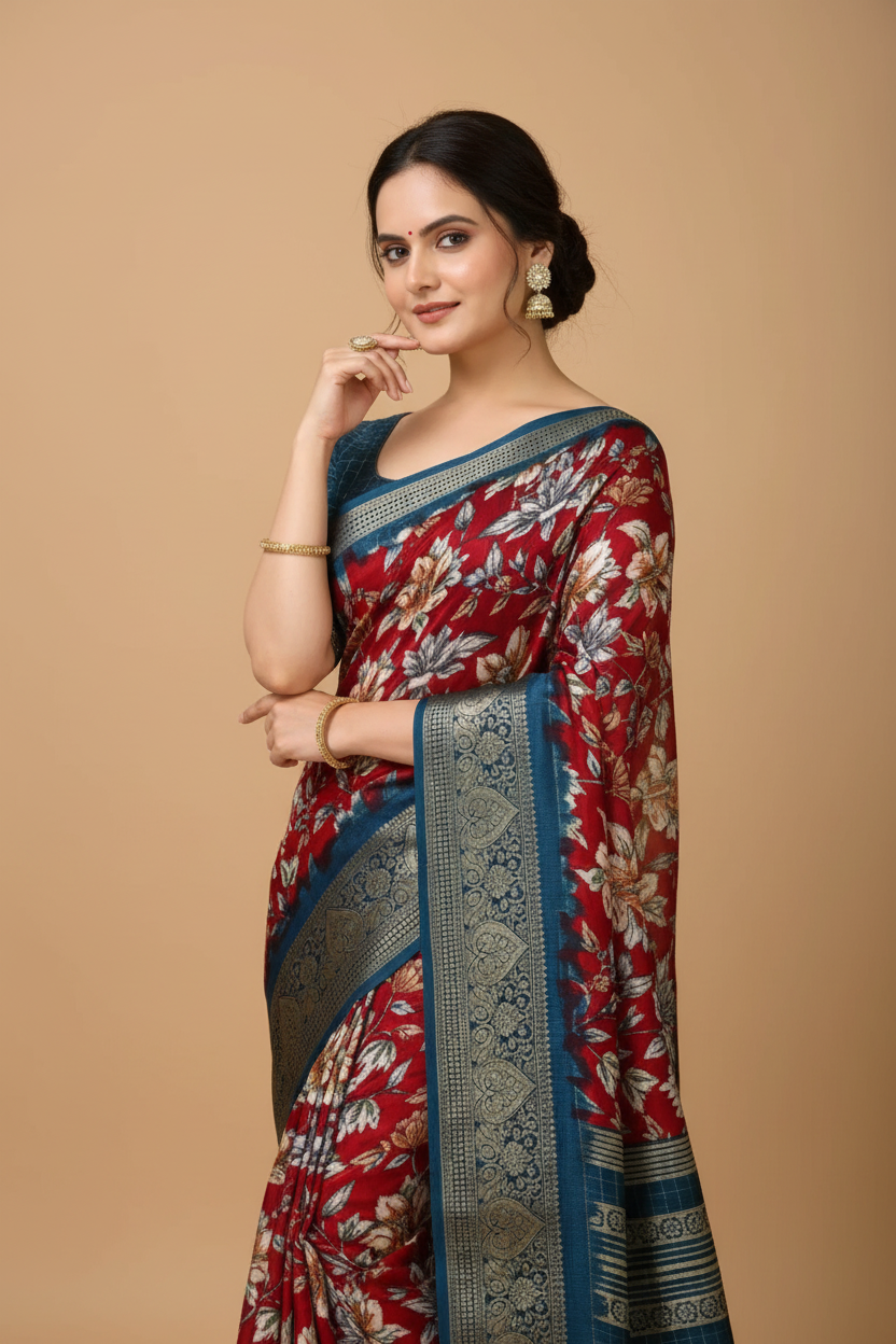 Snuggle Spot Women's Soft Dola Cotton Kalamkari Printed Saree With Unstitched Blouse 5.5Mtr (Red)