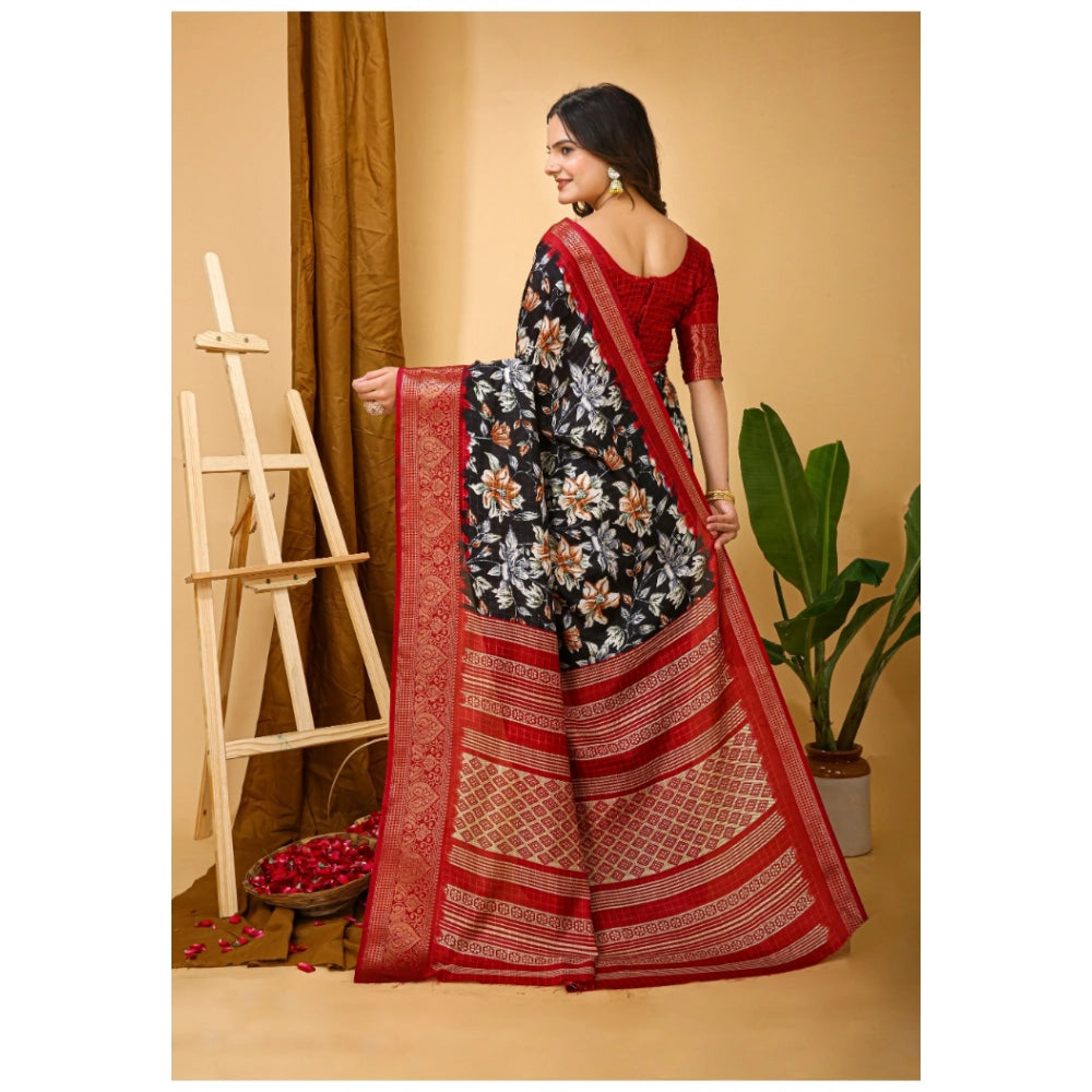 Snuggle Spot Women's Soft Dola Cotton Kalamkari Printed Saree With Unstitched Blouse 5.5Mtr (Black)