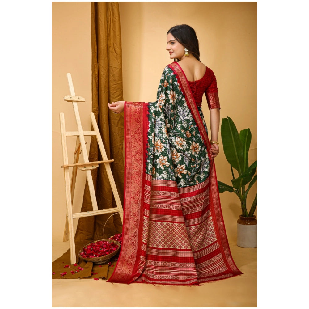 Snuggle Spot Women's Soft Dola Cotton Kalamkari Printed Saree With Unstitched Blouse 5.5Mtr (Green)