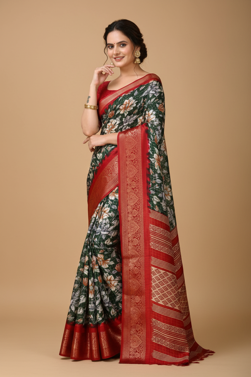 Snuggle Spot Women's Soft Dola Cotton Kalamkari Printed Saree With Unstitched Blouse 5.5Mtr (Green)