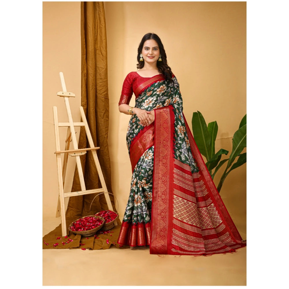 Snuggle Spot Women's Soft Dola Cotton Kalamkari Printed Saree With Unstitched Blouse 5.5Mtr (Green)
