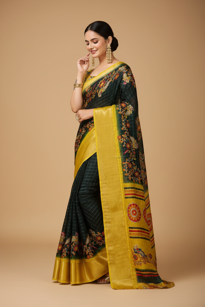 Snuggle Spot Women's Soft Dola Cotton Kalamkari Printed Saree With Unstitched Blouse 5.5Mtr (Green)