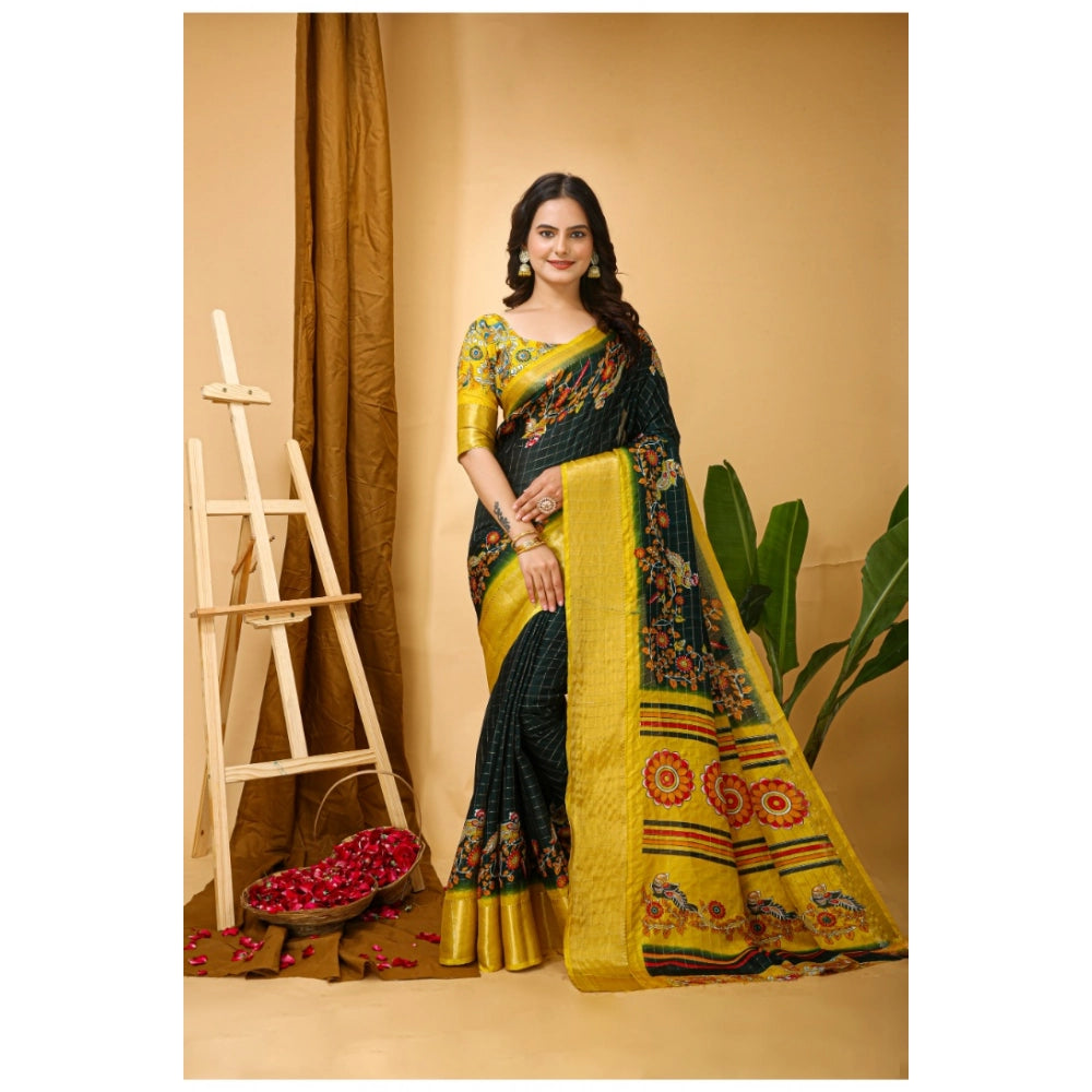 Snuggle Spot Women's Soft Dola Cotton Kalamkari Printed Saree With Unstitched Blouse 5.5Mtr (Green)