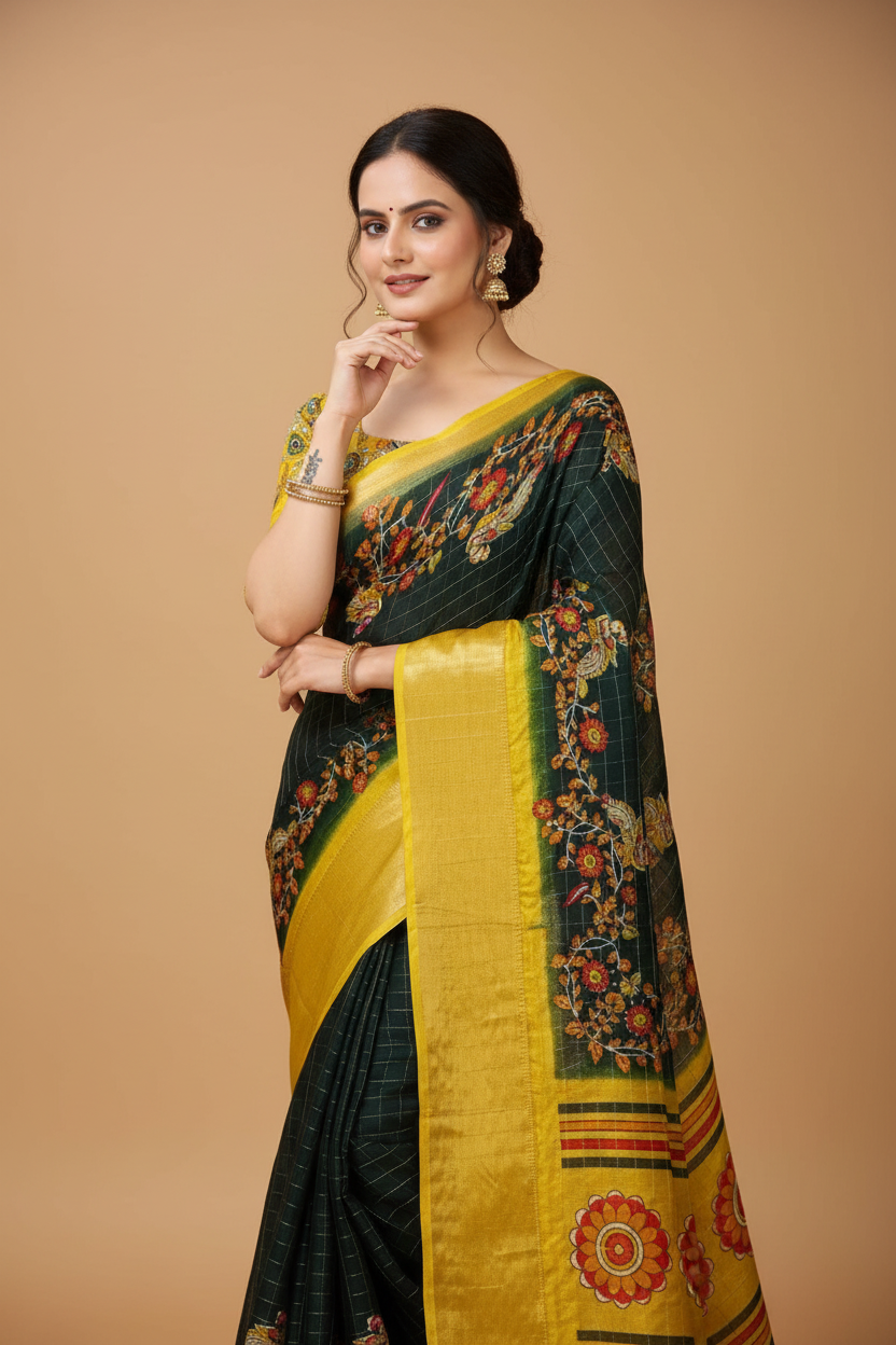 Snuggle Spot Women's Soft Dola Cotton Kalamkari Printed Saree With Unstitched Blouse 5.5Mtr (Green)