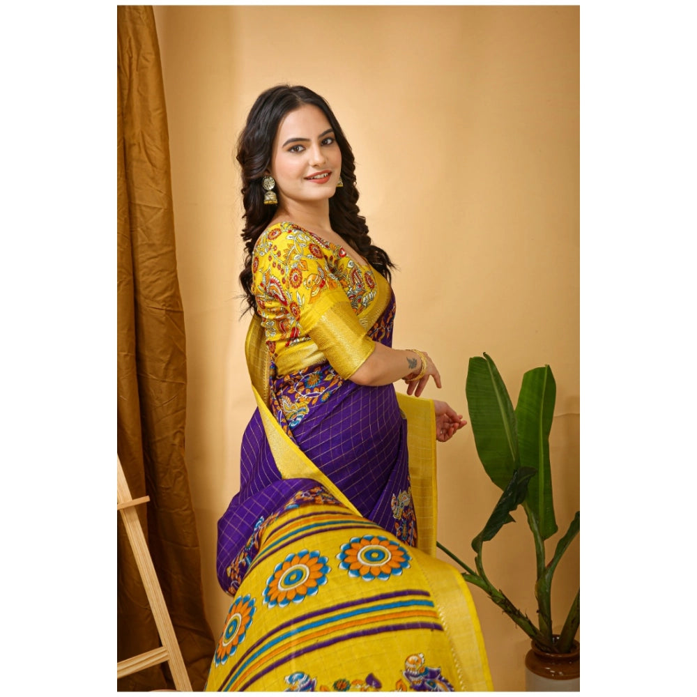 Snuggle Spot Women's Soft Dola Cotton Kalamkari Printed Saree With Unstitched Blouse 5.5Mtr (Purple)