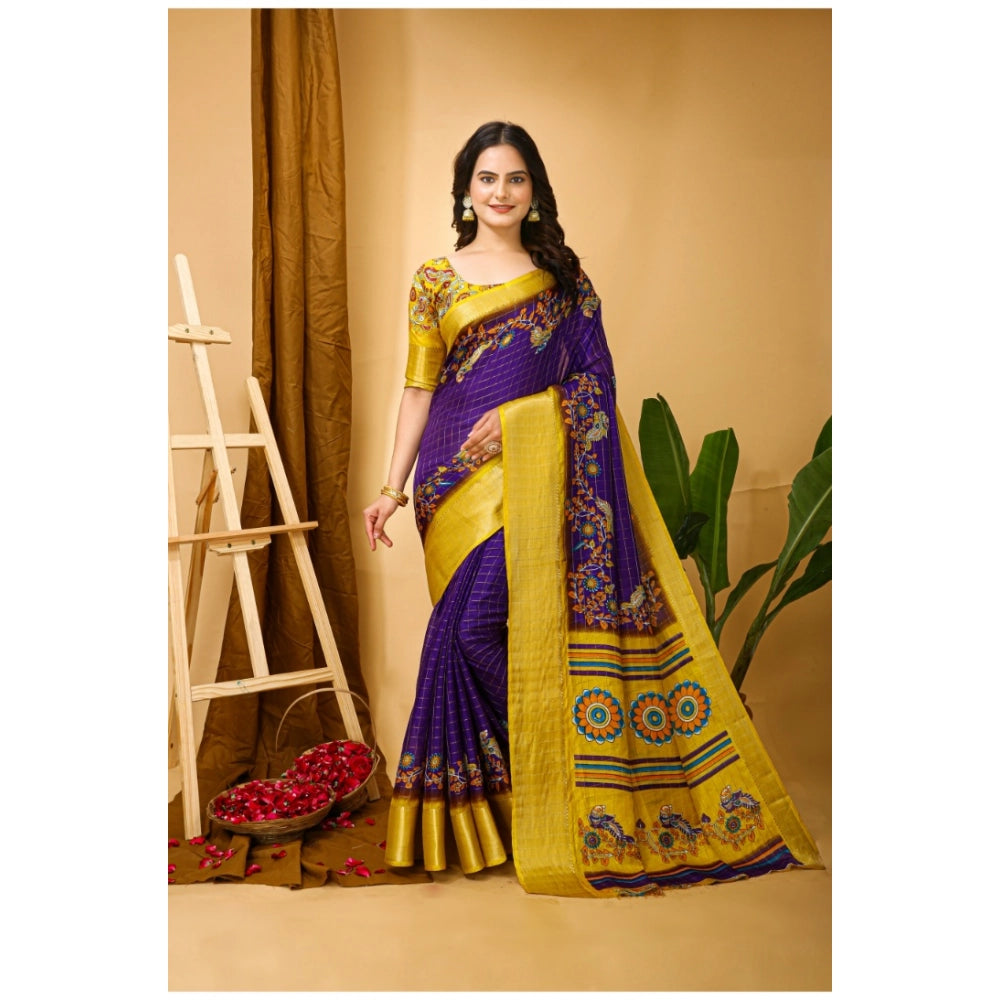 Snuggle Spot Women's Soft Dola Cotton Kalamkari Printed Saree With Unstitched Blouse 5.5Mtr (Purple)