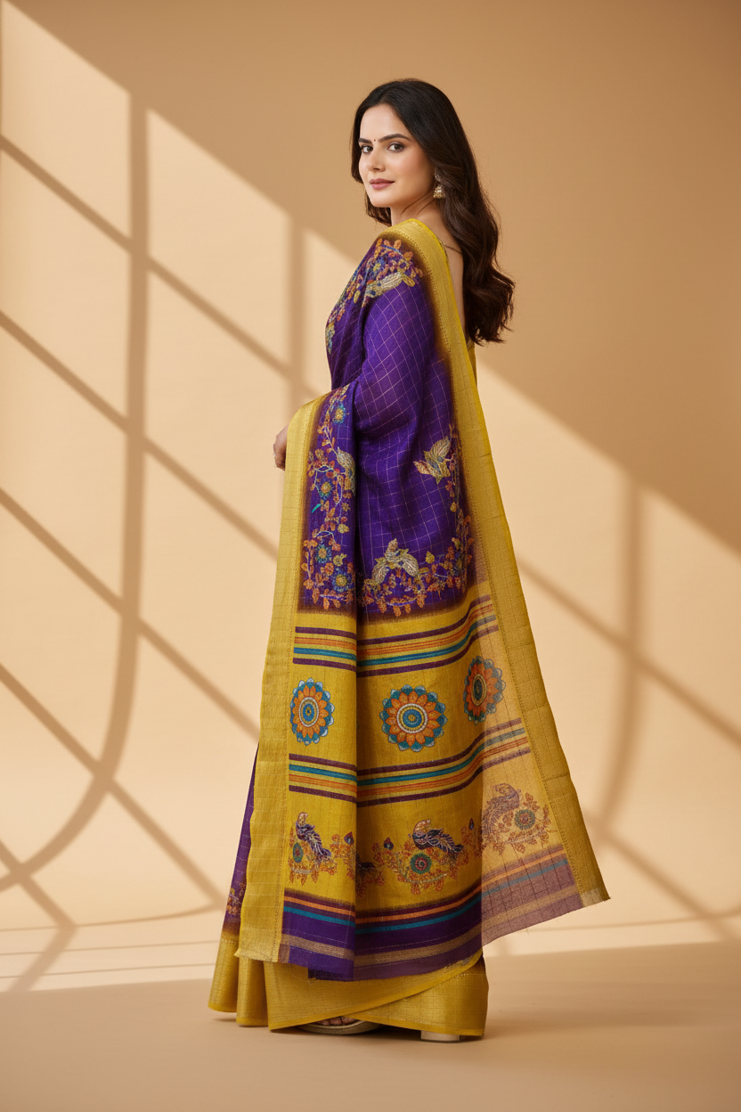 Snuggle Spot Women's Soft Dola Cotton Kalamkari Printed Saree With Unstitched Blouse 5.5Mtr (Purple)