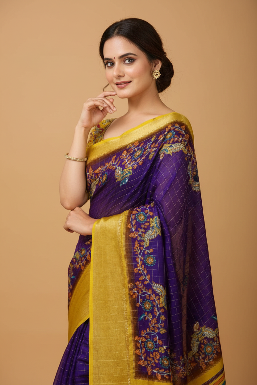 Snuggle Spot Women's Soft Dola Cotton Kalamkari Printed Saree With Unstitched Blouse 5.5Mtr (Purple)