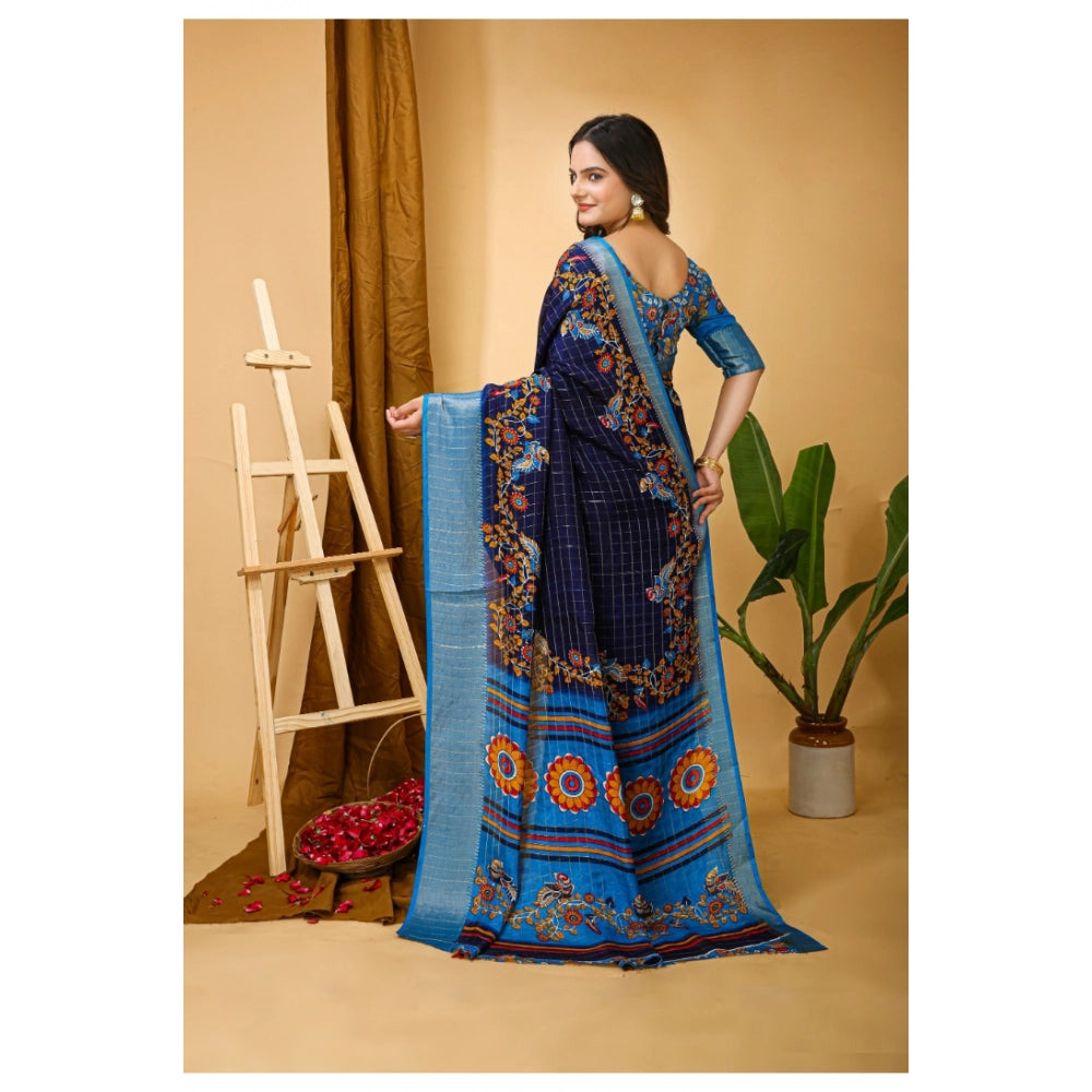 Snuggle Spot Women's Soft Dola Cotton Kalamkari Printed Saree With Unstitched Blouse 5.5Mtr (Navy Blue)
