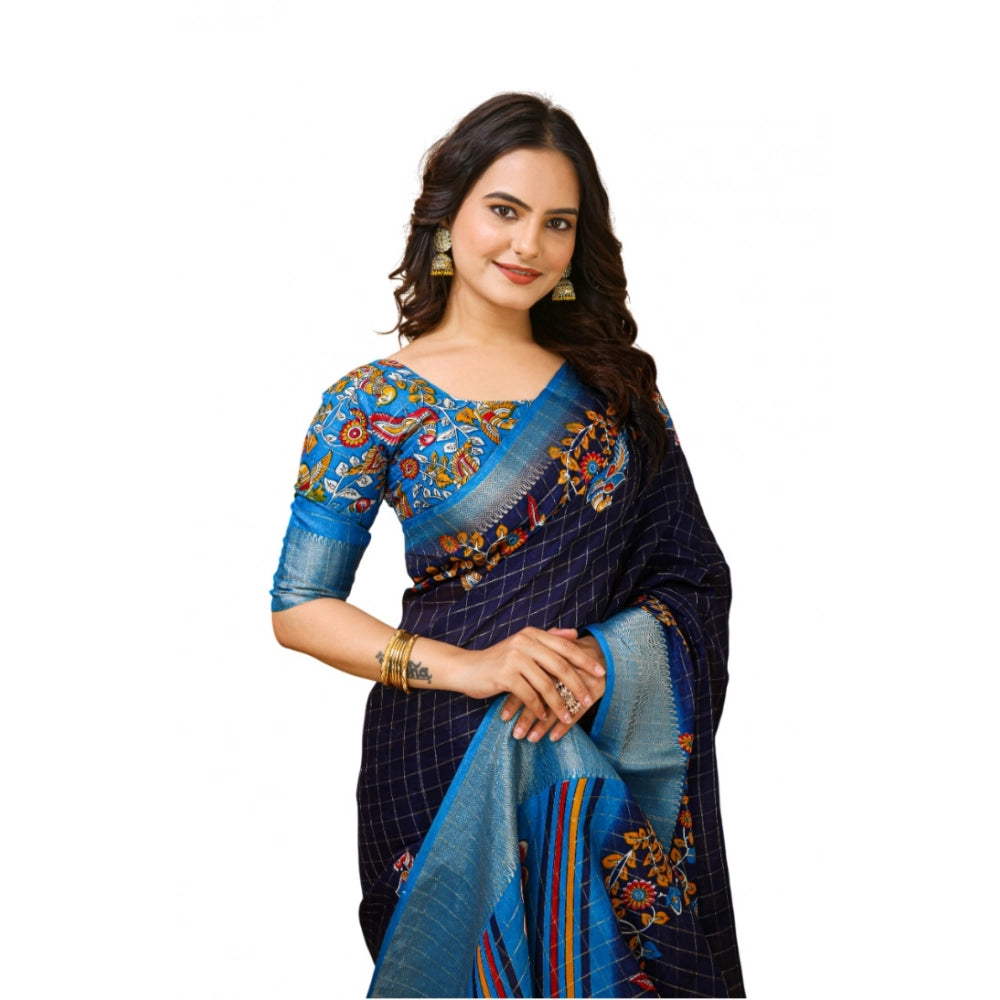 Snuggle Spot Women's Soft Dola Cotton Kalamkari Printed Saree With Unstitched Blouse 5.5Mtr (Navy Blue)